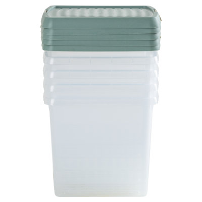 Wham Clip 5x 9L Square Plastic Storage Boxes with Secure Clip Lock Lids. L:29 x W:29 x H:15.5cm Clear/Green Milieu/Stone