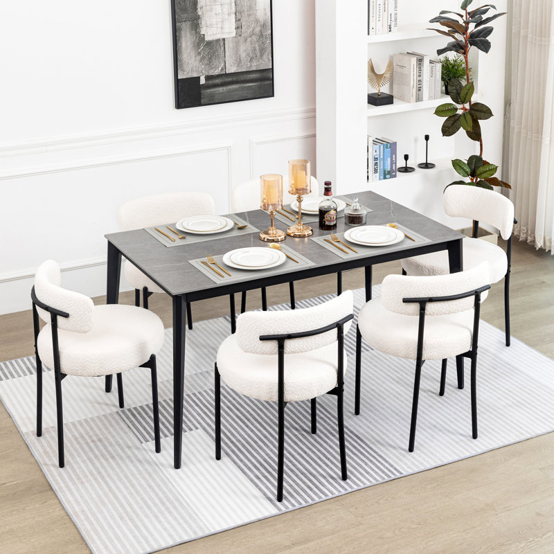 Sherpa Upholstered Metal Dining Chairs, Ivory, 4