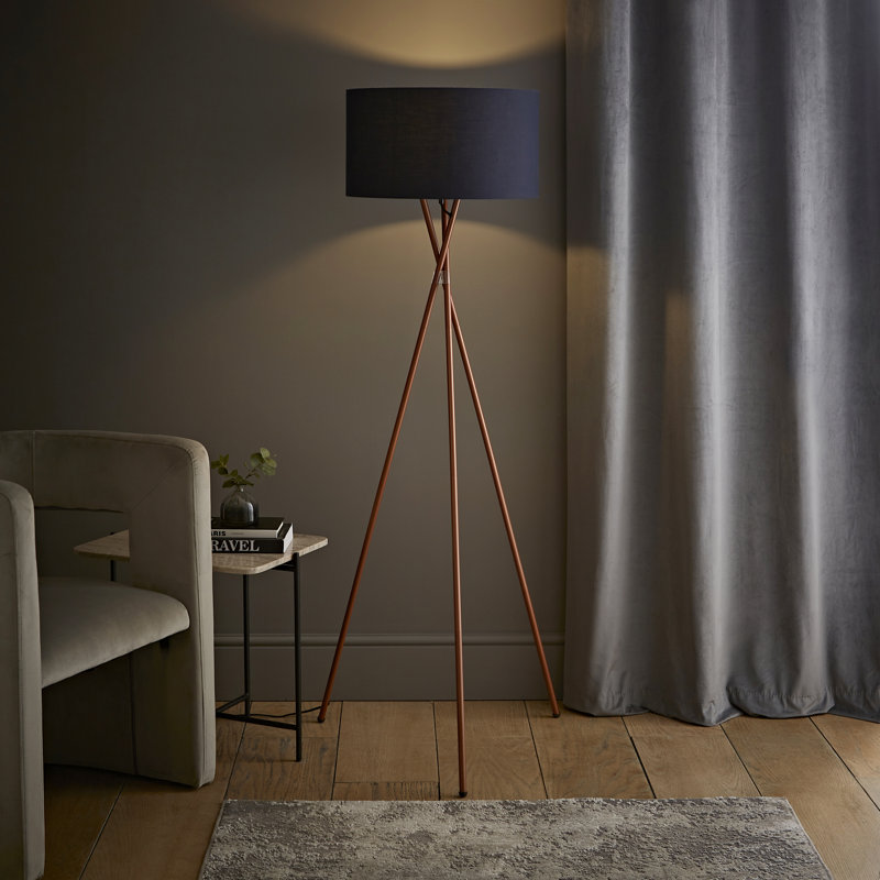 Misner 155cm Camden Tripod Floor Lamp with Large Reni Shade, Yes, Navy Blue, Copper