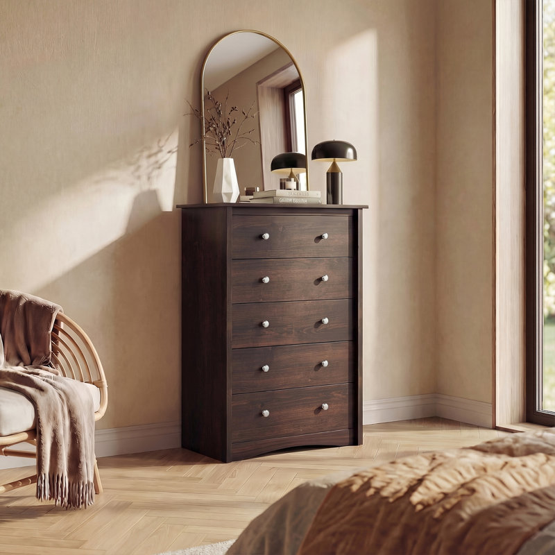 Commode moderne à 5 tiroirs avec ensemble anti-basculement, grande commode en bois pour le rangement de la chambre à coucher ou du salon