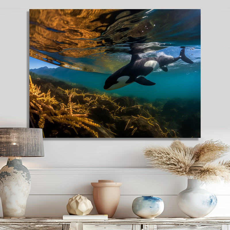 Orque nageant dans un lagon bleu - art mural animaux côtiers, Sans cadre, métal, H 12 po x l 20 po