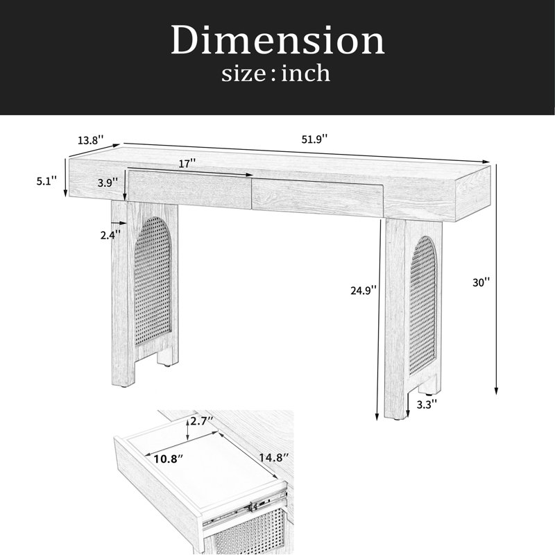Console étroite avec décorations en rotin, table d'entrée au fini bois naturel avec tiroirs de rangement, élégante table de canapé rustique pour le salon et le couloir