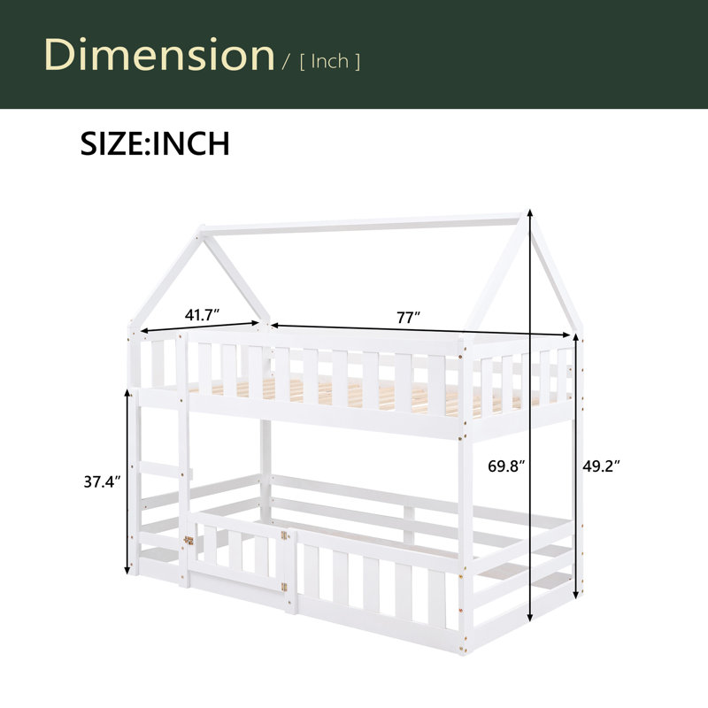 Lit superposé simple au-dessus de simple avec clôture et porte, Blanc