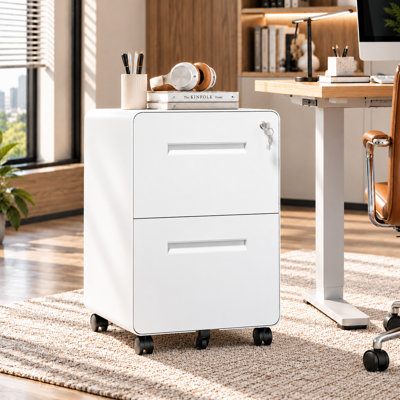 Classeur mobile à 2 tiroirs avec serrure Bizoe, classeur à roulettes rondes en acier sur 5 roulettes, structure entièrement assemblée avec poignées encastrées assorties, dossiers suspendus format lettre, format légal et format A4 pour le bureau à domicile et sous le bureau