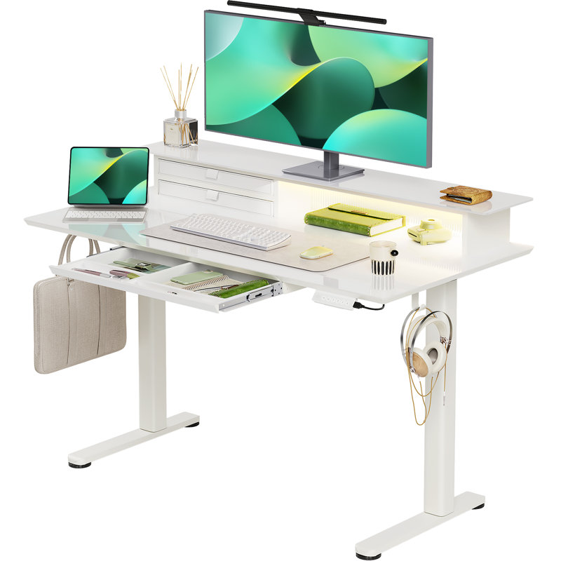48'' W Tempered Glass Standing Desk with LED  & USB Ports, White