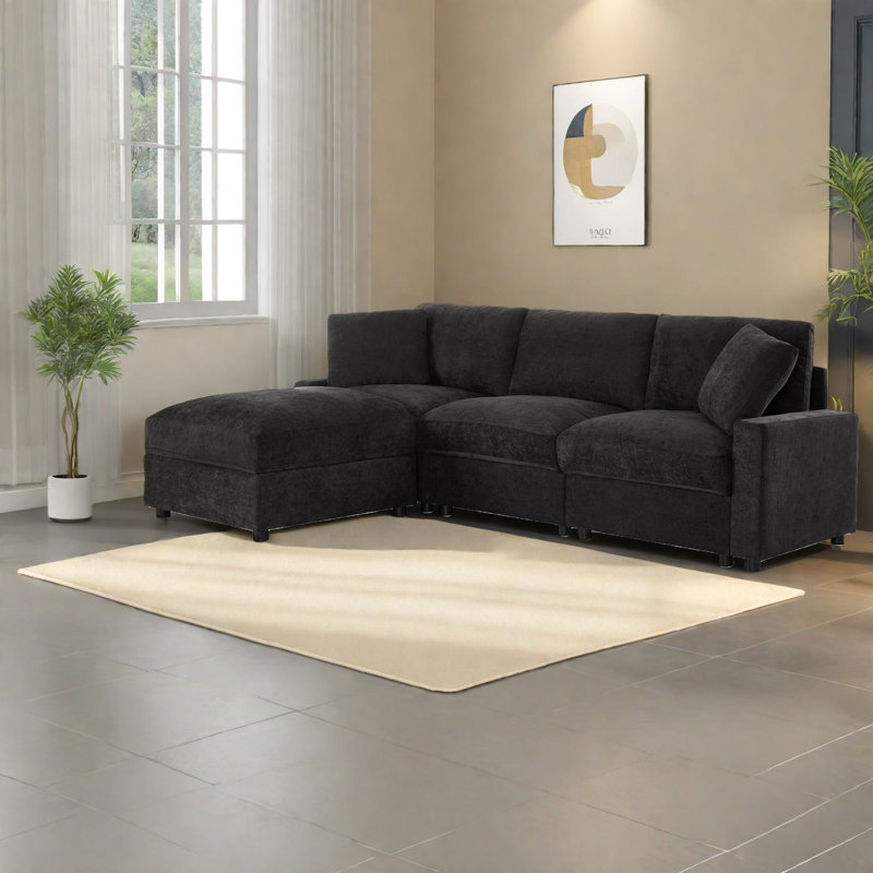 Canapé modulaire moderne en L avec rangement, tissu en polyester durable
