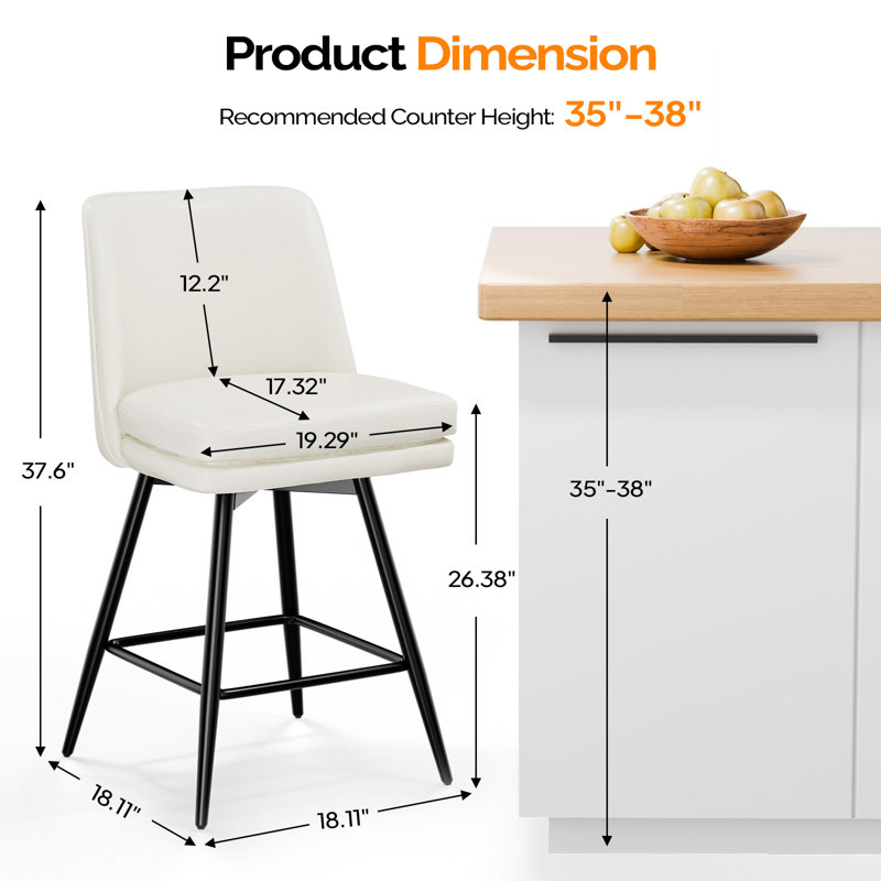 PU Leather Modern Paded Bar Stools: 360° Rotation, Durable Build & Chic Design, 2, White