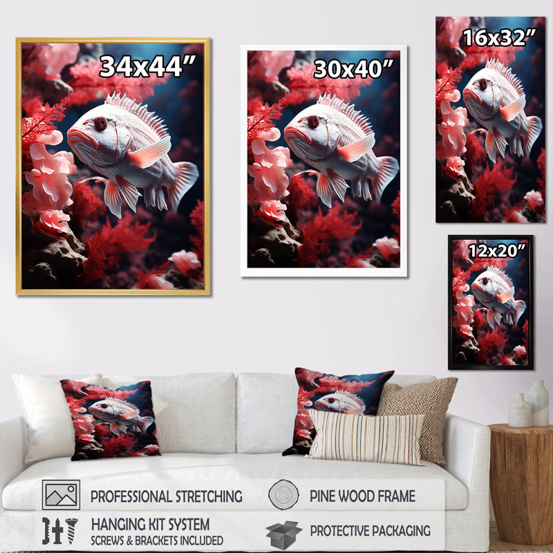 Reproduction sur toile monochrome de poissons roses et gris I, Cadre flottant blanc, H 32 po x l 16 po x P 1 po