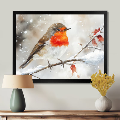 Hiver, oiseau rouge dans la forêt II - oiseau, art mural