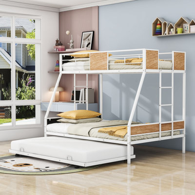 Metal Twin Over Full Bunk Bed With Twin Trundle And Safety Guardrails,Anti-Noise Design