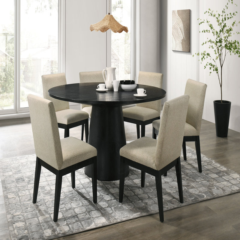 Ensemble de table de salle à manger ronde noire de 59 po de largeur Ebony avec base à piédestal et chaises en tissu beige