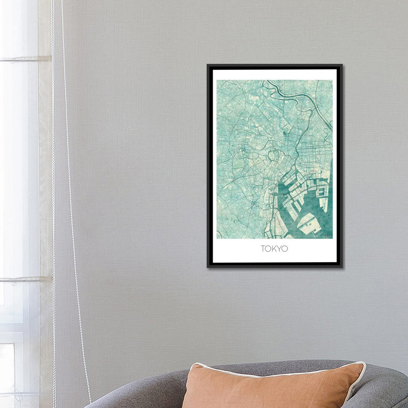 « tokyo rétro blue urban blueprint map », reproduction d’impression sur toile, H 26 po x l 18 po x P 1,5 po, Pas de tapis