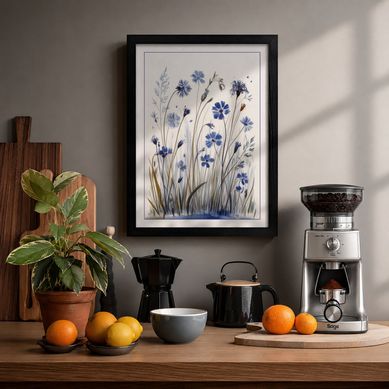 Blue Wildflower Study Botanical - Framed Print, Black, A4 - 29.7 x 21.0 cm