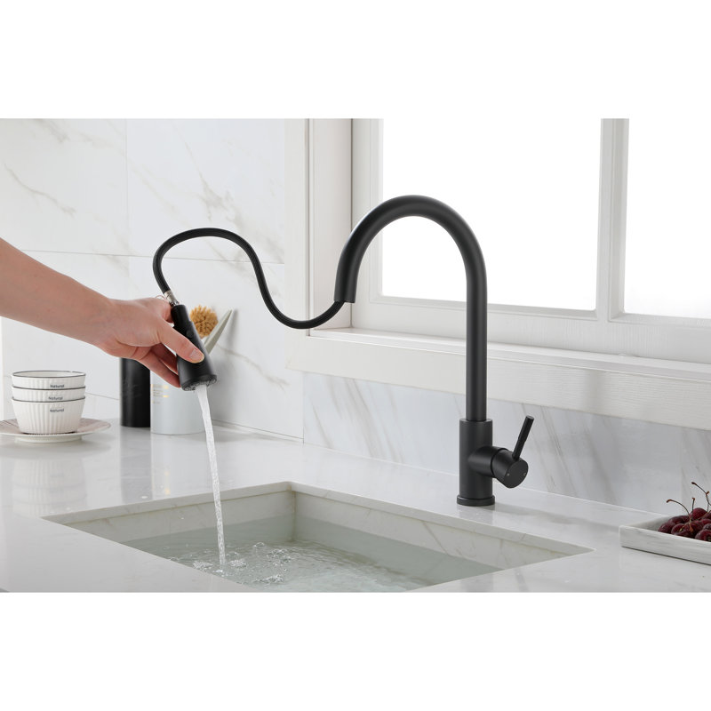 Robinet de cuisine en acier inoxydable noir mat avec douchette extractible, buse rotative à 360 ° pour une douchette extractible pratique, bec rotatif, utilisation optimale à une poignée et gestion de la température