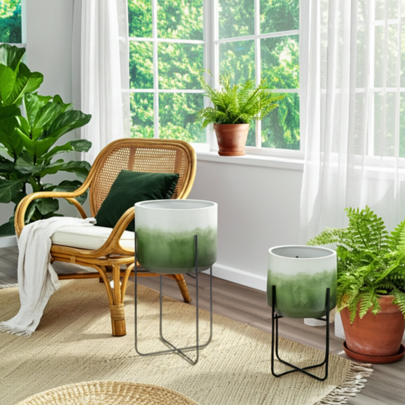 Modern Ombre Outdoor Planters with Metal Stands for Home Decor - Modern Indoor Flower Pots for Living Room or Patio - Green