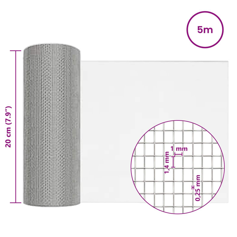 Écran maille vidaXL en acier inoxydable 304 de 18,87 po x 196,85 po, 7.87 x 196.85 in, Stainless Steel 201