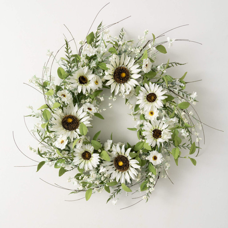 Petite couronne artificielle de tournesol et de baie vaporeuse; Blanc, L 26 po x H 26 po x P 7 po