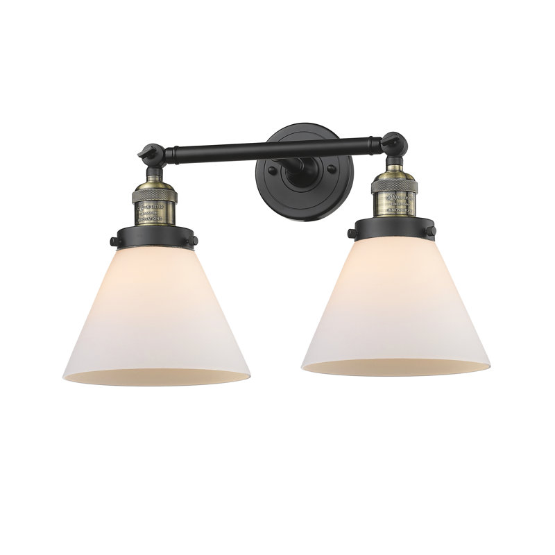 Cone 2 Light Bath Vanity Light, 6 Watt Vinage LED Bulb, Black Antique Brass, Matte White Cased