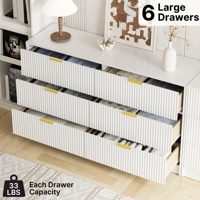 Fluted Dresser For Bedroom With 6 Drawers, 55.1" Wide Modern Chest Of Drawers With Metal Handle, White