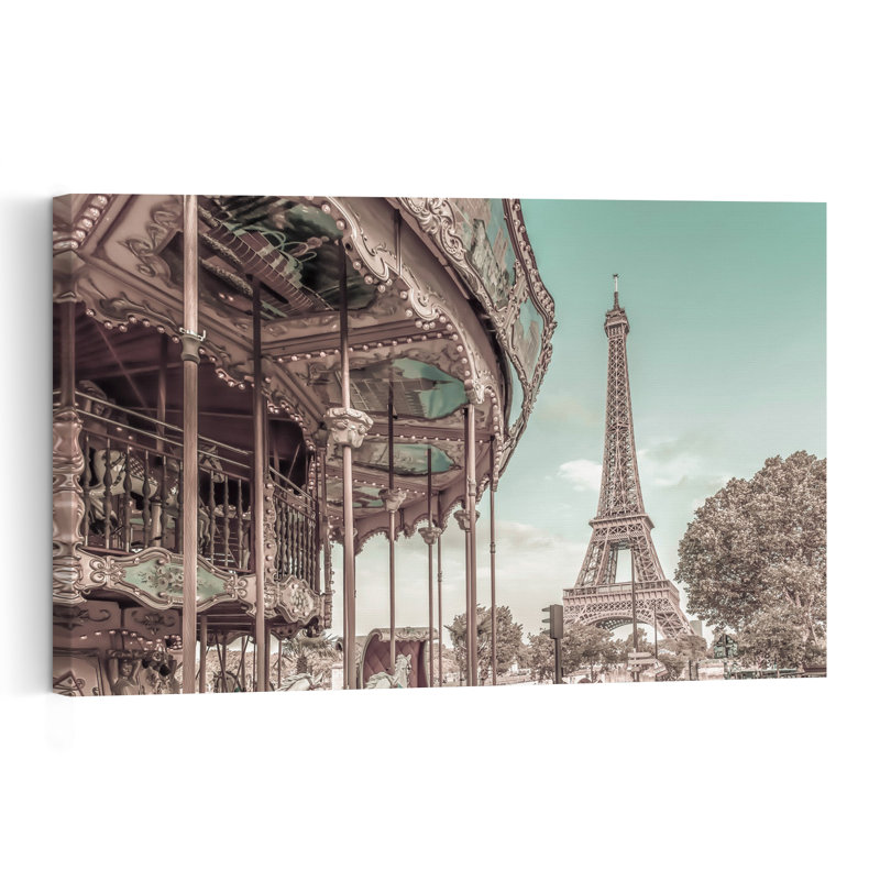 Eiffel Tower Carousel Dream Retro Vintage Abstract Architecture City Wall Art Print, 16" H x 24" W