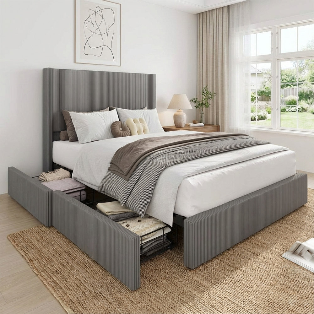 Ebern Designs King Upholstered Platform Bed with Storage Drawers ...