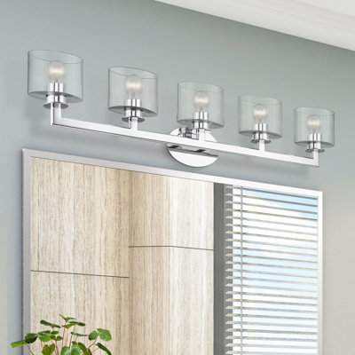 5 Light Polished Chrome Extra Large Vanity Sconce With Mouth Blown Clear Glass