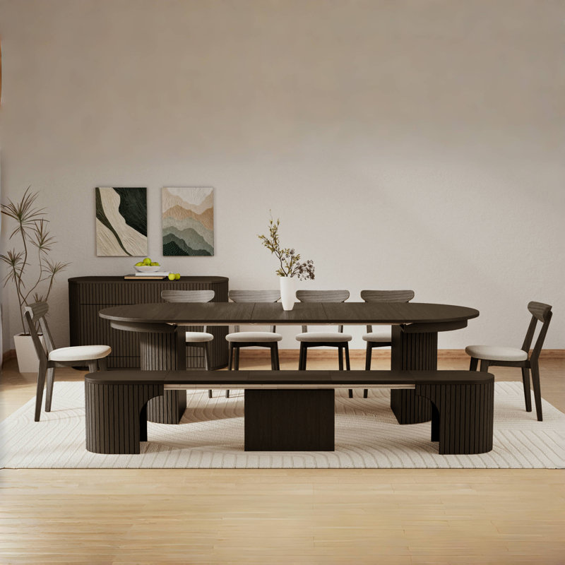 Table de salle à manger extensible en bois massif de 6 à 45 po avec banc extensible et chaise de salle à manger 6 pièces Bachman