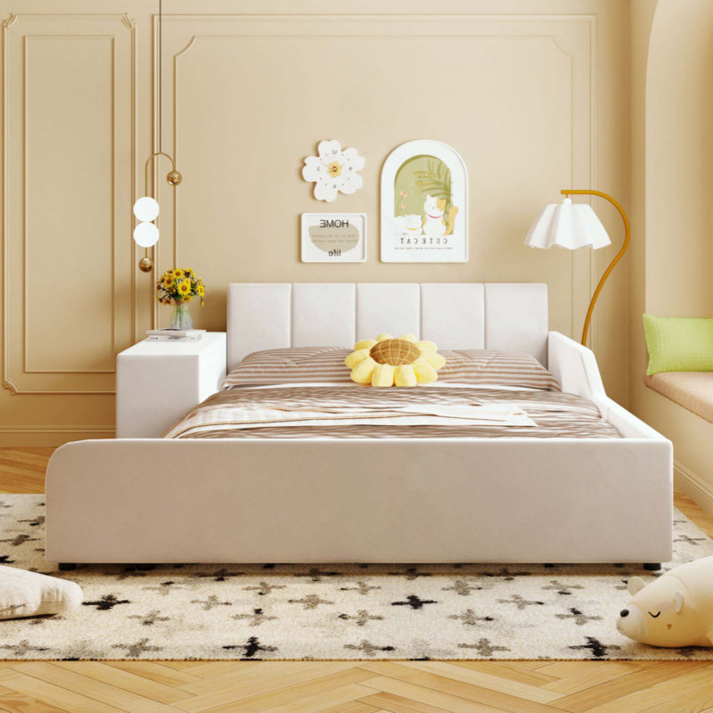 Upholstered Grounded Bed, Mother & Child Bed With Bedside Desk And Little Round Stool, Velvet, Beige, Full