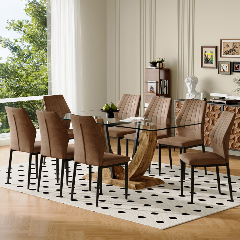 Ensemble de table de salle à manger moderne en verre pour 6 à 8 personnes, table de salle à manger élégante avec chaises pour la famille et le divertissement