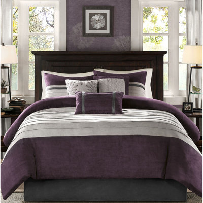 Édredon en fausse daim mauve pour lit très grand 7 pièces, doux au toucher, 3 coussins décoratifs, 2 taies décoratives, 1 jupe de lit, suédine lavée à la machine, jupe brodée