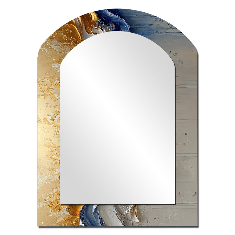«Rhythmic Golden Ink Waves Fusion I - Maze», grand miroir mural asymétrique, 34 po x 25 po