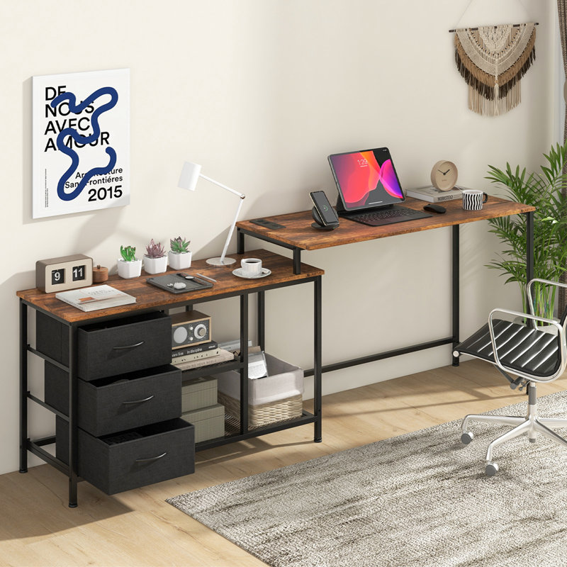 Marayah L-Shaped Metal Base Computer Desk with Power Outlet, Rustic Brown