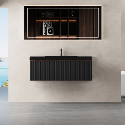 Meuble-lavabo flottant de 42 po avec lavabo, rangement rayé, tiroir à fermeture en douceur, noyer fumé et noir encre, panneaux à texture ondulée, rails silencieux, matériau préassemblé de qualité E1, sable quartz noir mat