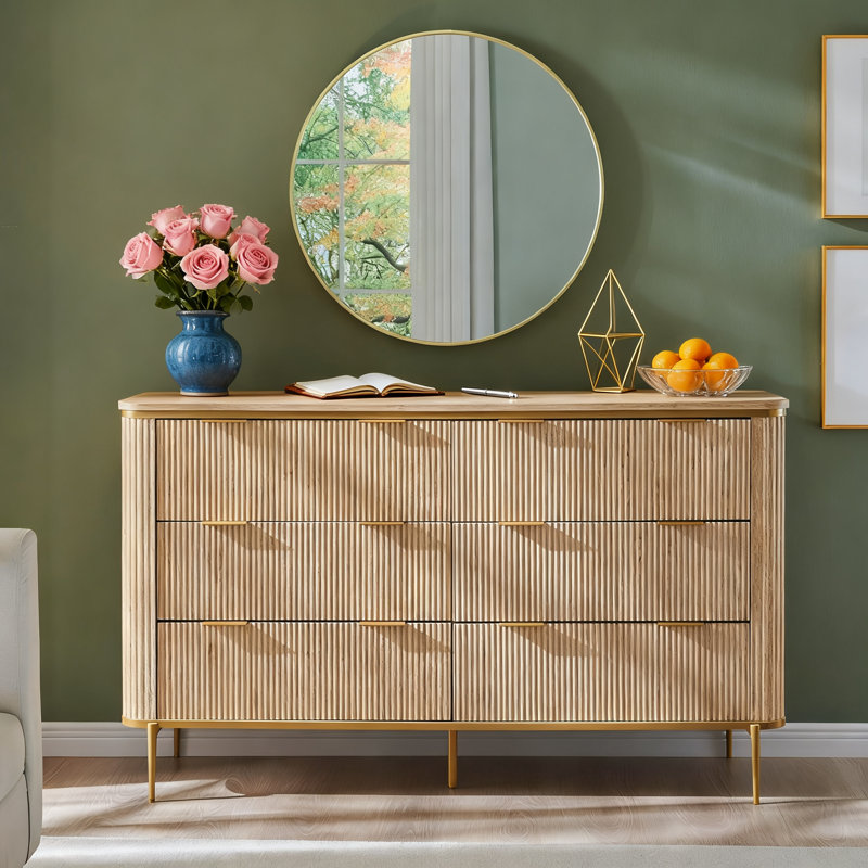 6-drawer Dresser With Fluted Design And Gold Accents, Natural Oak