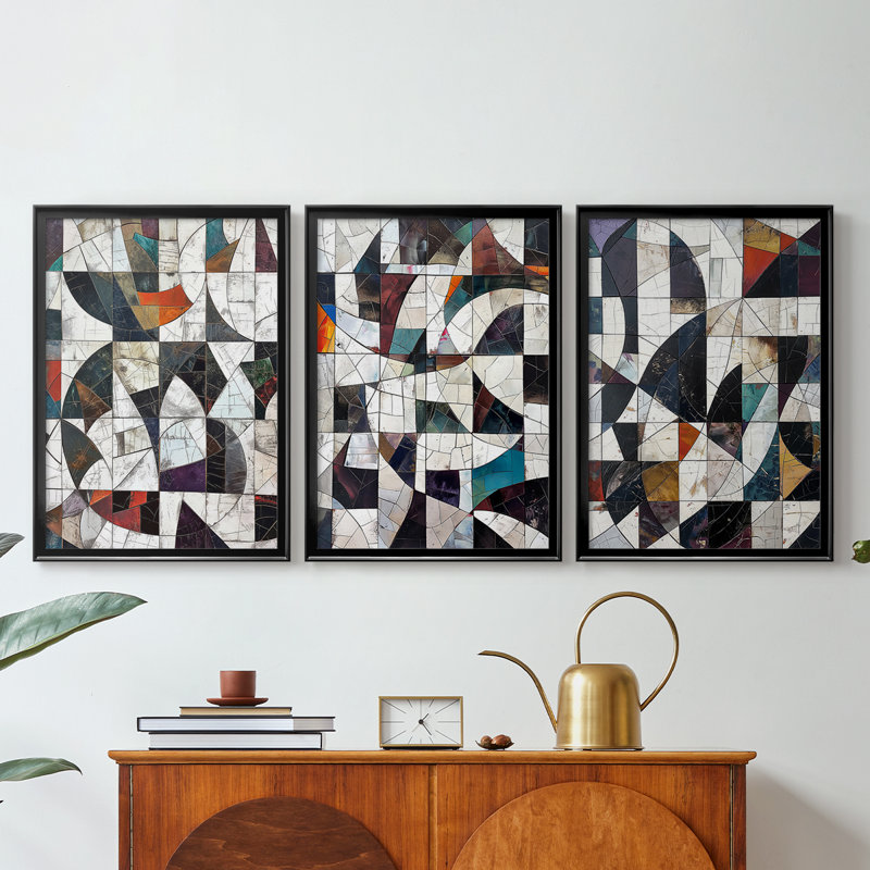ABSTRACT Series LXI  -Custom Framed  Wrapped Gallery Canvas - 3 Pieces, Black, 19" H x 27" W