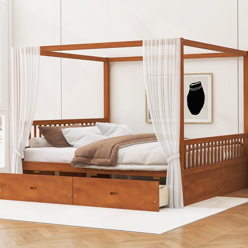 Lit à baldaquin en bois avec tiroirs de rangement, Walnut, Queen