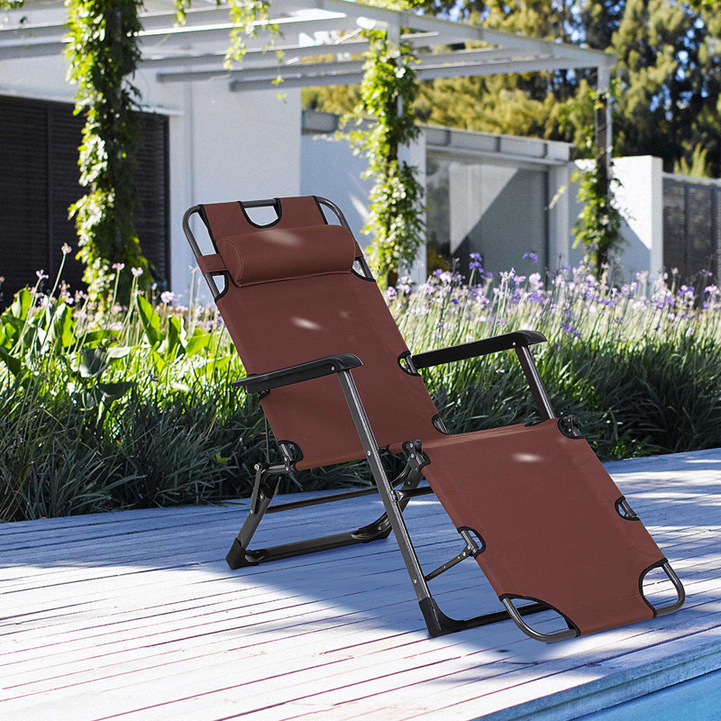 Outdoor Tanning Lounge Chair Sun, 21 Folding With Pillow & Pocket. For Beach, Pool, Patio, Lawn, Deck. Brown. Metal Construction, 330 Lbs Max Bearing Lawn Pocket By , Adjustable For Deck, Outdoor,
