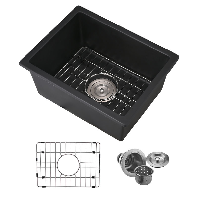 17.7'' Black Quartz Undermount Kitchen Sink, Single Bowl
