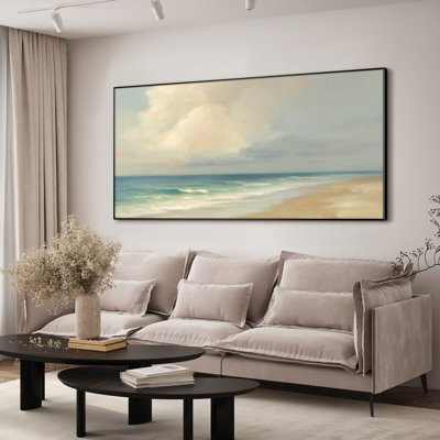 Extra Large Wall Art Fabric Print - Tranquil Coastal Beach with Calm Waves and Cloudy Sky Artwork Decor for Living Room or Bedroom - "Frame Assembly Required (Unfinished Frame)"