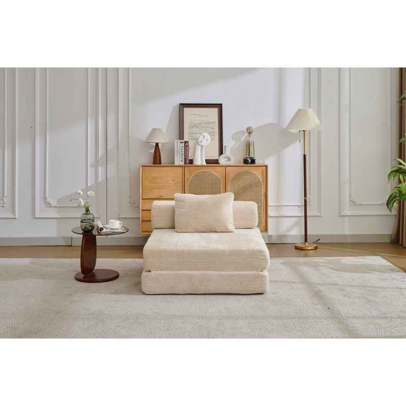 Canapé à compression, canapé-lit à plancher convertible à structure fixe, canapé modulaire à assise simple sans os, sans assemblage requis, tissu chenille, pour la chambre du salon, beige