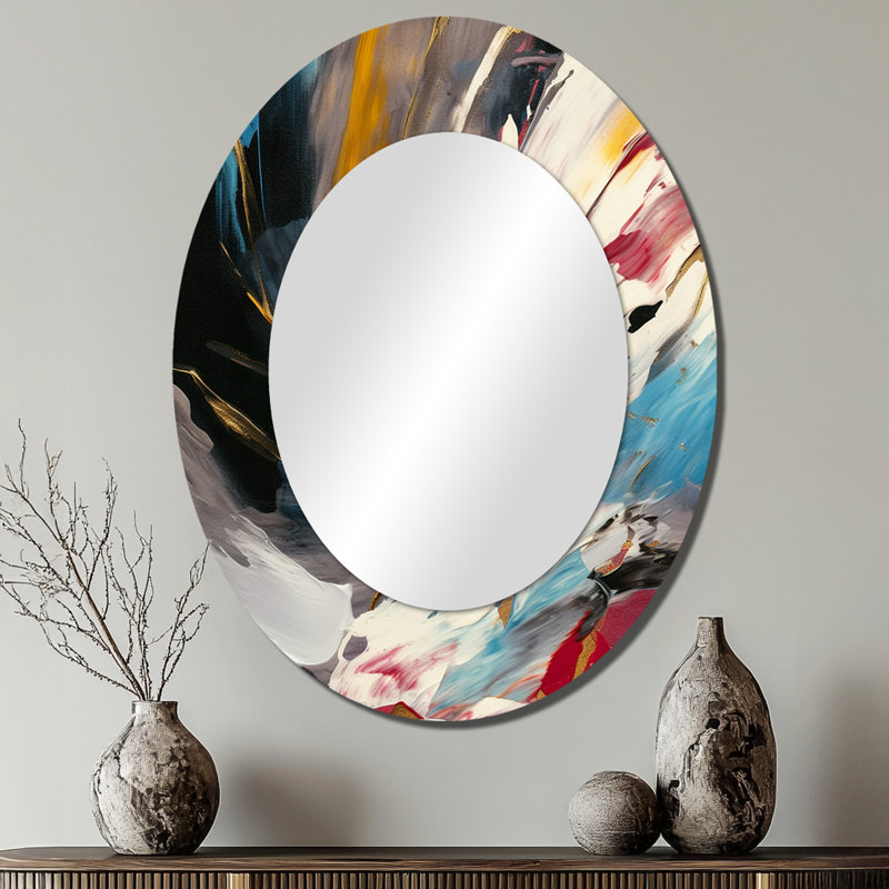 Smooth Bliss Abstract Gold Black Blue I - Multi-Color Modern Oval Wall Mirror, 40" x 30"