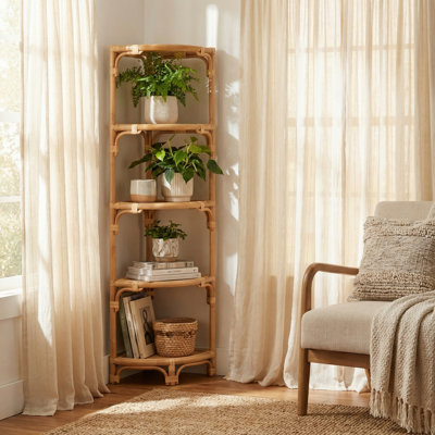 Celestial 63.25 In. Tan Raffia 4 Shelf Corner Etagere_Bookcase