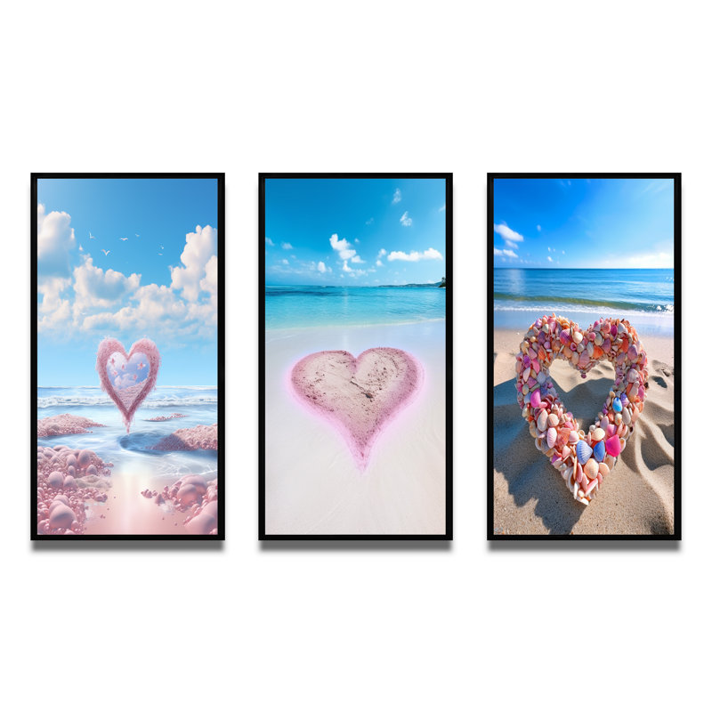 «Glorious Pink Heart On Tropical Beach I», 3 pièces sur toile, Cadre flottant noir, H 32 po x l 48 po