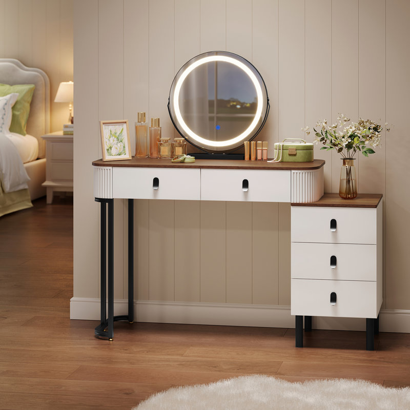 Dressing Table with Mirror, Black/White/Brown
