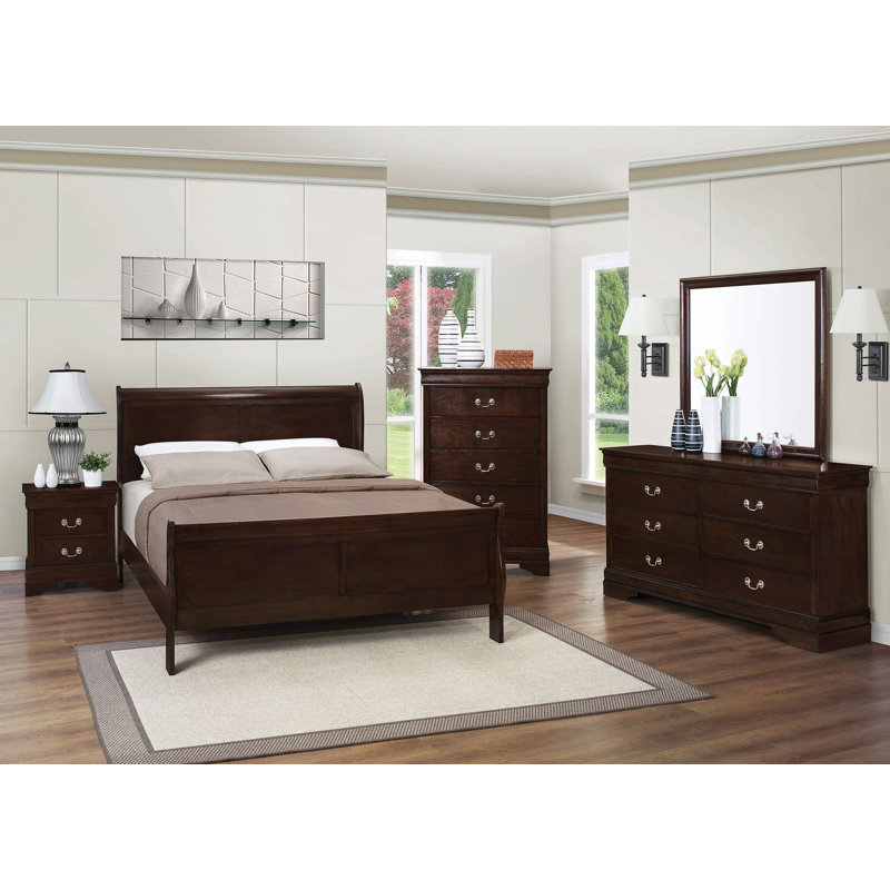 Ensemble de chambre à coucher 4 pièces Louis Philippe, Grand lit, Brun