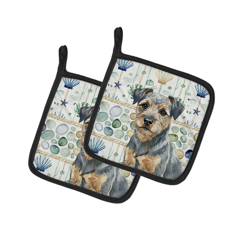 Paire de poignées en verre bleu et brun Border Terrier