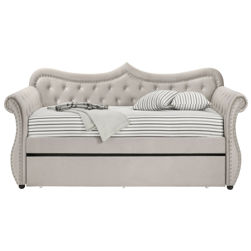 Lit de jour simple rembourré beige avec lit gigogne