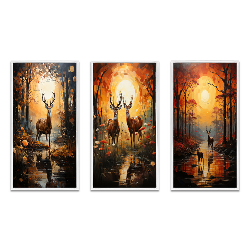 «African Savannah Symphony», 3 pièces sur toile, Cadre flottant blanc, H 20 po x l 36 po