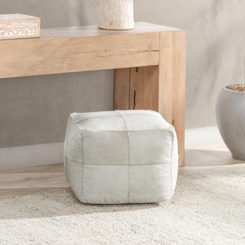 Pouf en cuir naturel avec imprimé peau de léopard 18 po Leopard, Ivoire ivoire