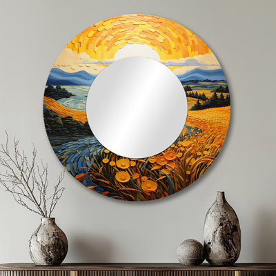 Vangogh Harvest Time In The Wheat Fields II - miroir Vangogh, miroir mural rond jaune, impression sur métal